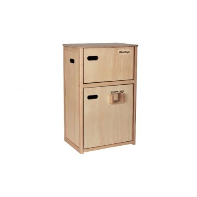 Móvel de arrumação em madeira clara com dois compartimentos e pegas pretas