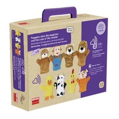 Caixa de marionetas de mão com personagens animais, fundo castanho e roxo, texto em inglês e espanhol.