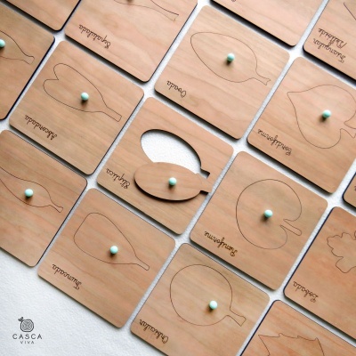 Placas de madeira com desenhos e nomes de frutas e vegetais e puxadores azuis.