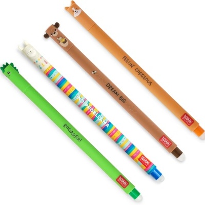 Quatro marcadores coloridos com tampas de animais e textos variados