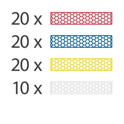 Tiras com padrão de colmeia em vermelho, azul, amarelo e branco com quantidades indicadas