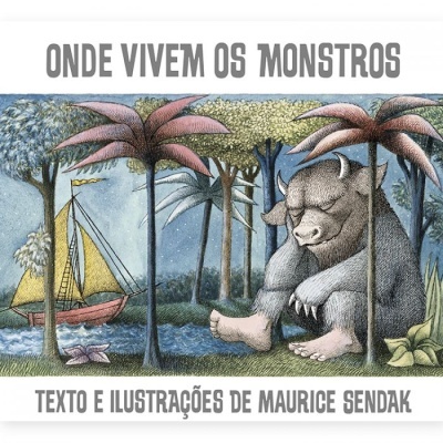 Capa do livro 'Onde Vivem Os Monstros' com ilustração de monstro cinzento e árvores