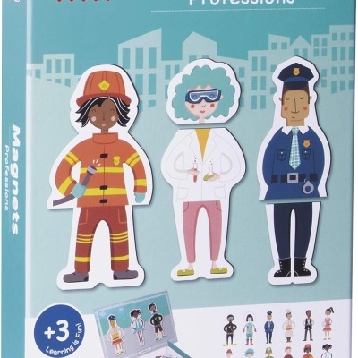 Caixa de ímanes APLI kids Profissões com figuras de bombeiro, cientista e polícia em fundo azul