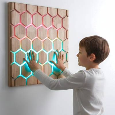 Painel de madeira hexagonal iluminado com menino tocando