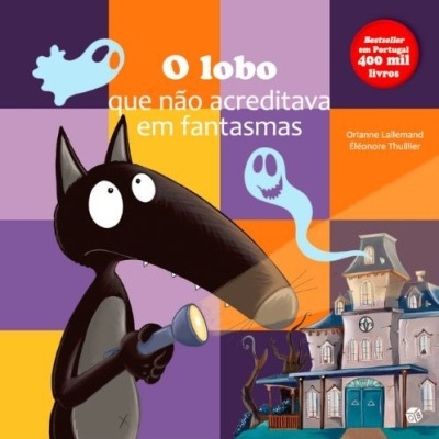 Capa de livro com lobo e fantasmas em fundo colorido