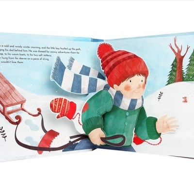 Ilustração de livro infantil com criança a puxar trenó na neve