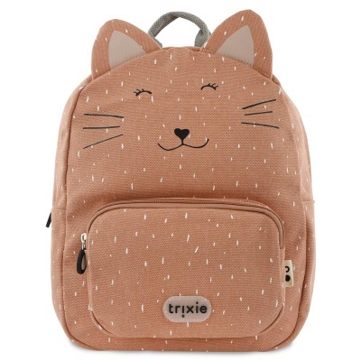 Mochila infantil rosa queimado com rosto de gato bordado e bolso frontal