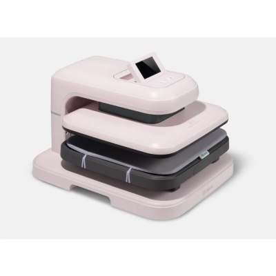 Prensa térmica rosa com visor digital e almofada cinza