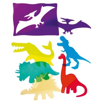 Silhuetas coloridas de dinossauros e pterodáctilo em plástico e papel