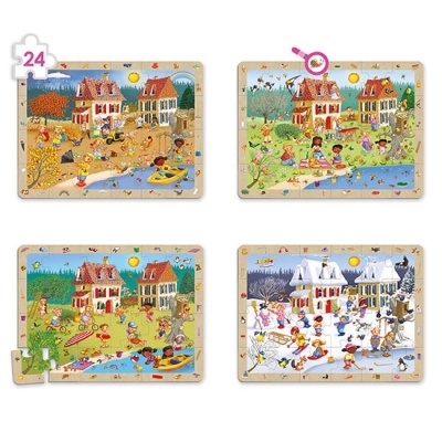 Quatro puzzles de 24 peças mostrando cenas sazonais em casa de campo