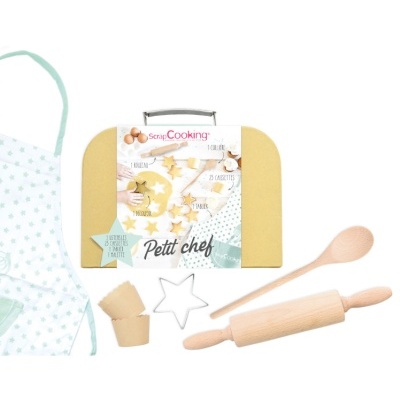 Conjunto de cozinha infantil Petit chef com avental, rolo de massa, colher de pau e moldes