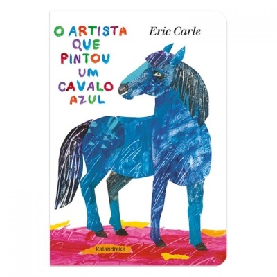 Livro infantil com um cavalo azul pintado em várias tonalidades e texto colorido no fundo branco