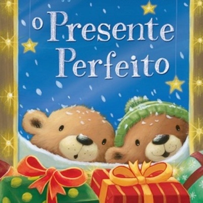 Capa de livro infantil azul com ursos e presentes coloridos