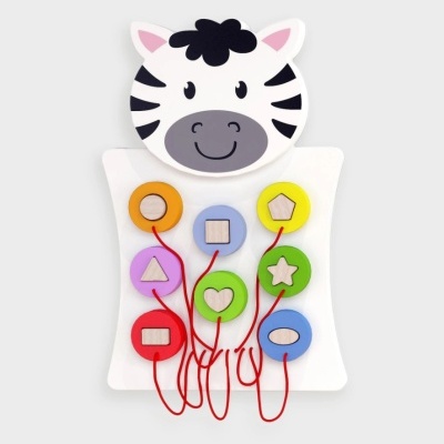 Brinquedo infantil de madeira com cabeça de zebra e peças coloridas com formas geométricas