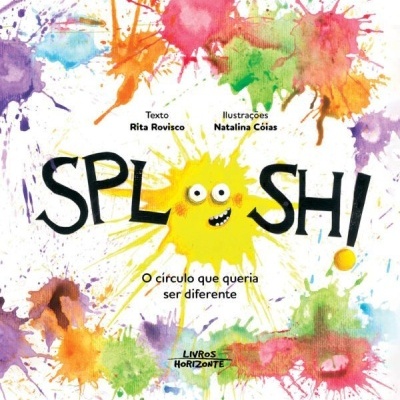 Capa de livro infantil colorida com texto e manchas de tinta