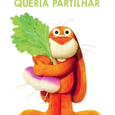 Capa de livro infantil com uma lebre a segurar um rabanete grande e folhas verdes