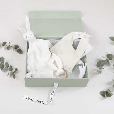 Caixa verde com brinquedo de coelho, bandana bege e anel de madeira