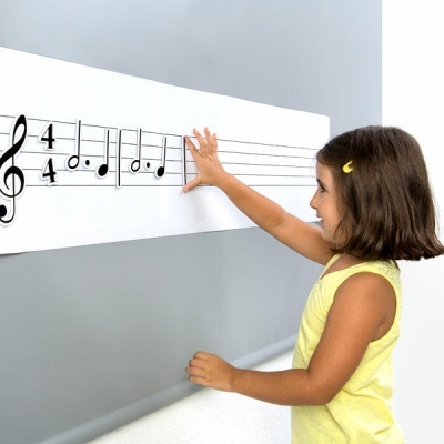 Painel musical educativo com pautas e notas musicais na parede cinza, criança a tocar.