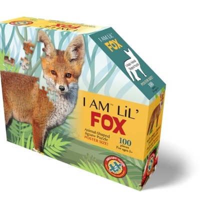 Caixa amarela e verde de puzzle em formato de raposa com imagem de uma raposa