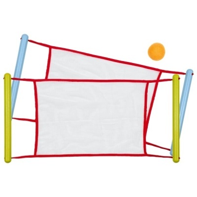 Rede de voleibol com armação colorida e bola amarela
