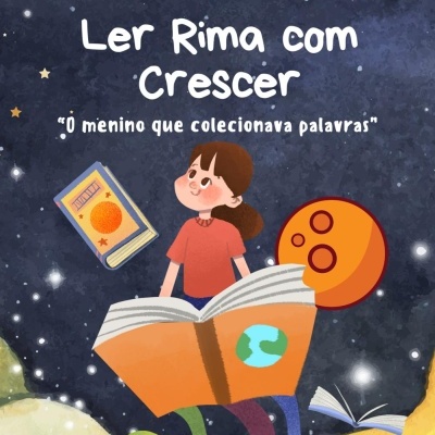 Capa de livro colorida com tema espacial e texto em português