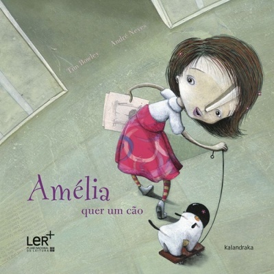 Capa do livro infantil Amélia quer um cão com menina puxando um cão num skate