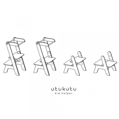 Quatro versões de cadeira infantil de madeira clara com texto 'utukutu kid helper'