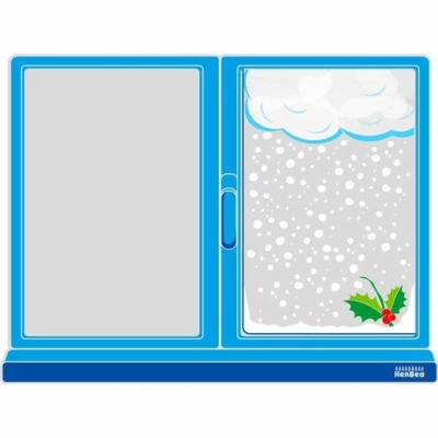 Janela azul com vidro opaco e vidro transparente com neve e azevinho