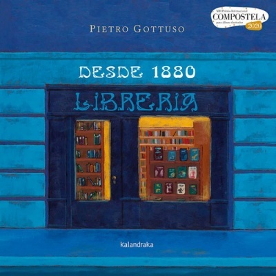 Capa de livro ilustrada com fachada azul de livraria e texto 'DESDE 1880 LIBRERÍA', autor e selo premiado.