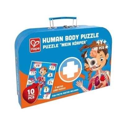 Mala azul do Puzzle Human Body da Hape com ilustração de corpo humano