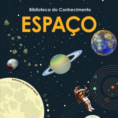 Capa de livro 'Biblioteca do Conhecimento ESPAÇO' com planetas e astronauta no espaço
