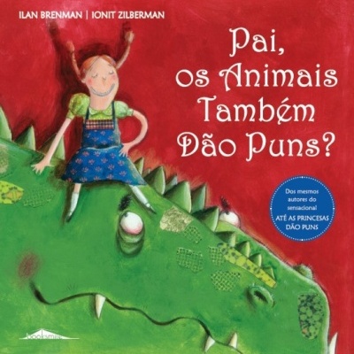 Capa de livro infantil com dinossauro verde e menina sentada, título em branco no fundo vermelho