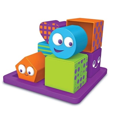 Jogo infantil de blocos coloridos com formas geométricas e expressões faciais