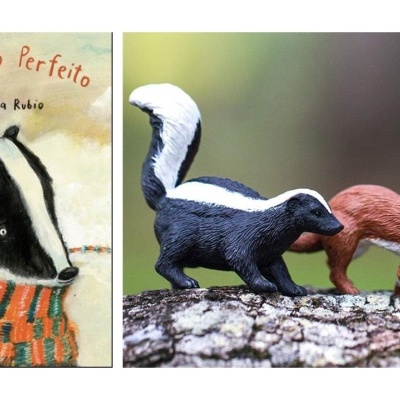 Capa de livro com texugo ilustrado e duas figuras plásticas de animais, um texugo preto e branco e outro castanho.