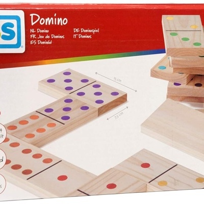 Jogo de dominó gigante em madeira com pontos coloridos em embalagem branca e vermelha