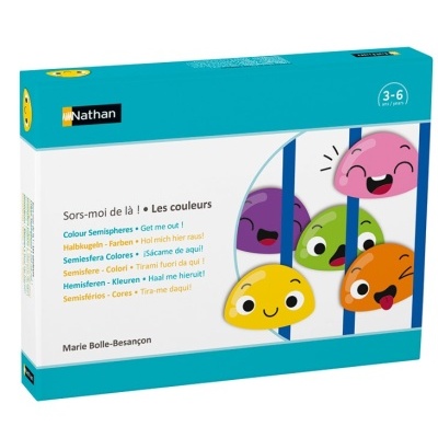 Caixa de jogo educativo com cores e ilustrações de semiesferas expressivas