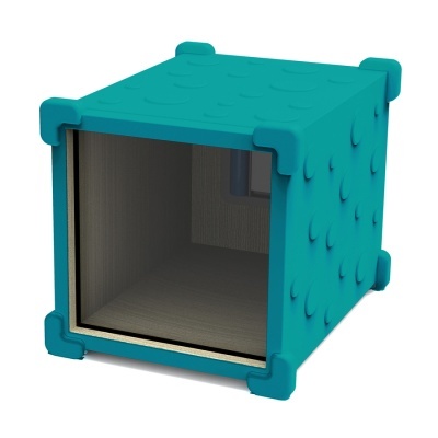 Estrutura cúbica azul turquesa com textura de pontos e interior cinza