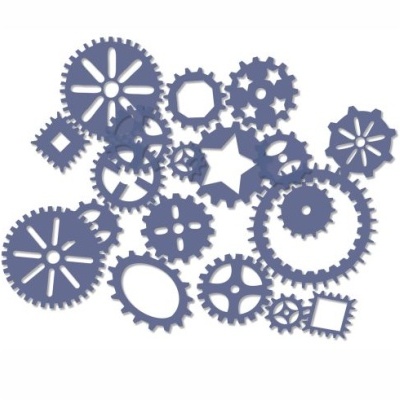 Este conjunto de engrenagens de várias formas em azul sobre fundo branco