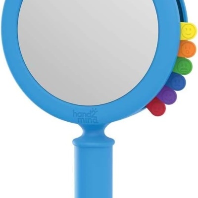 Espelho redondo azul com abas coloridas e faces emotivas