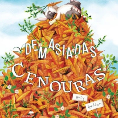 Capa de livro com coelho sobre monte de cenouras e texto colorido