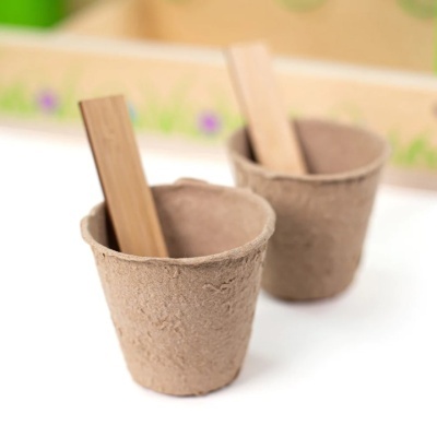 Dois vasos biodegradáveis castanhos com etiquetas de madeira dentro, sobre fundo claro.