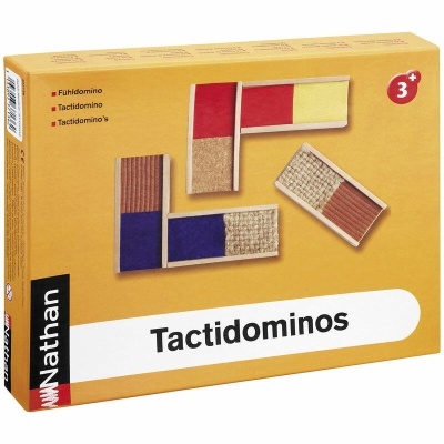 Embalagem amarela do jogo Tactidominos com peças coloridas e texturizadas