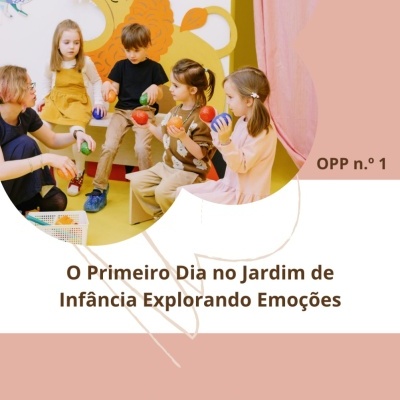 Crianças em jardim de infância sentado no chão amarelo com decoração de leão e texto em português