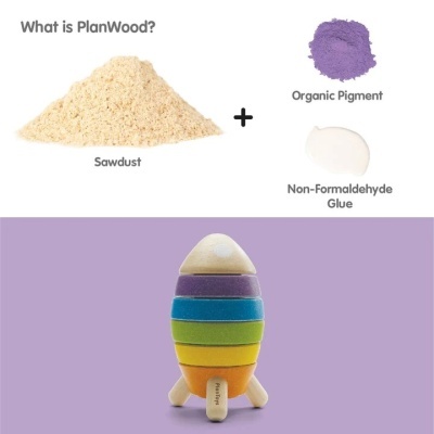 Figura explicativa do PlanWood com materiais e brinquedo foguete colorido