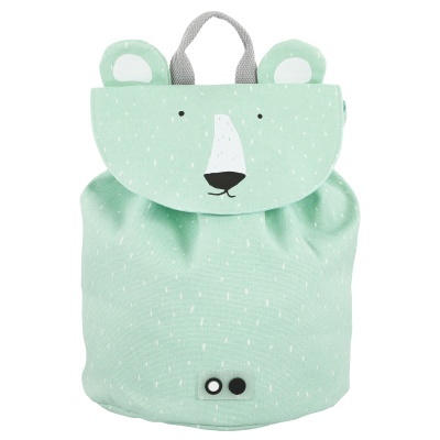Mochila verde claro de tecido com rosto de urso, orelhas e alças cinza