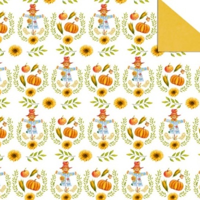 Papel de embrulho com desenhos de espantalhos, abóboras e girassóis em fundo branco e verso amarelo