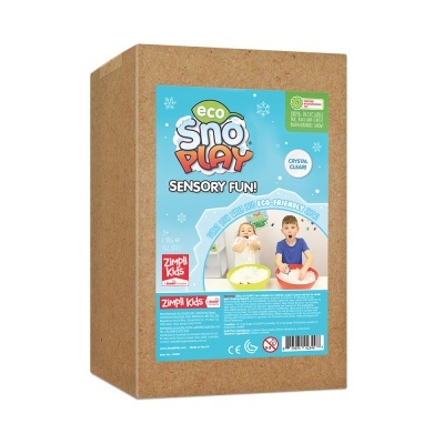 Embalagem de cartão com etiqueta azul e imagens de crianças a brincar