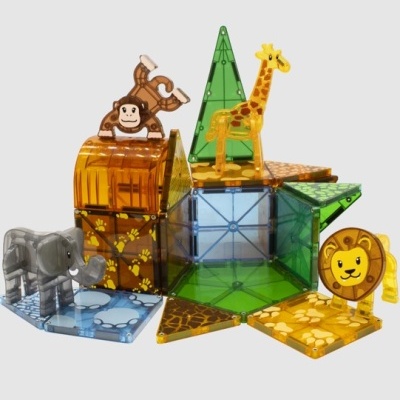 Peças magnéticas coloridas com figuras de elefante, macaco, girafa e leão