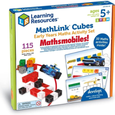 Caixa do conjunto educativo MathLink Cubes Mathsmobiles com peças coloridas, carro de brinquedo azul e cartões de atividades matemáticas