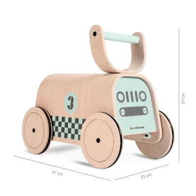 Carrinho de brincar de madeira com rodas e detalhes azuis